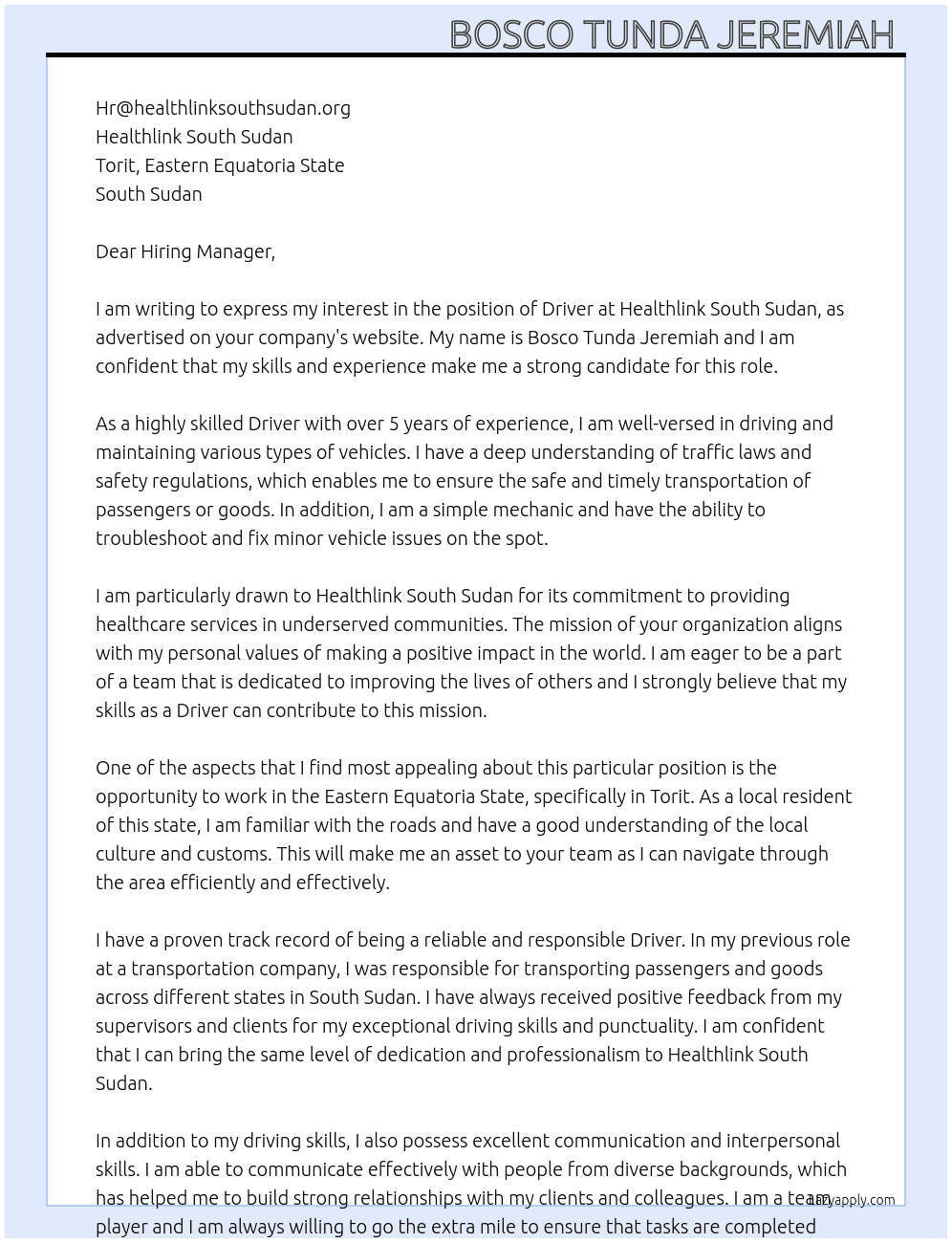 Driver  At Healthlink south sudan  Cover Letter