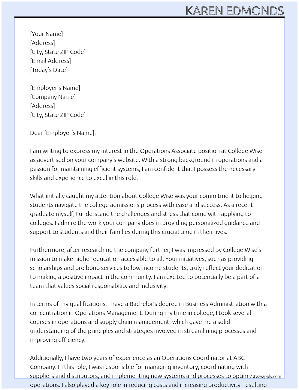 Operations Associate At College Wise Cover Letter