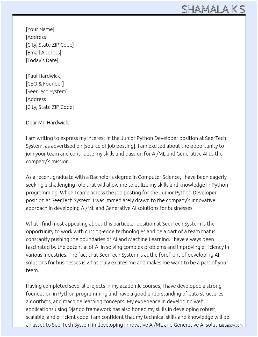 Junior Python developer  (AI/ML and Generative AI) At SeerTech system Cover Letter