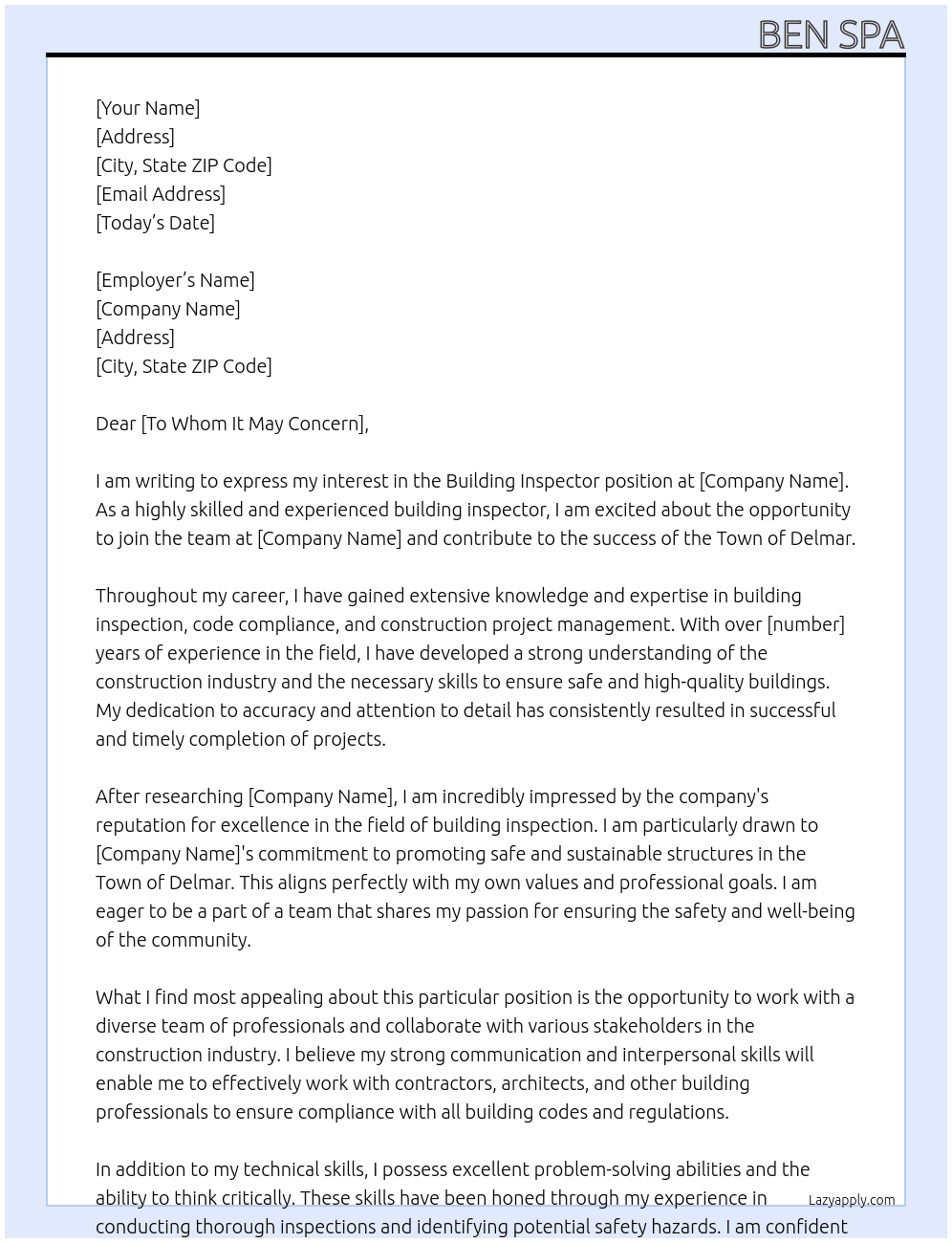 Building Inspector At TOWN OF DELMAR Cover Letter