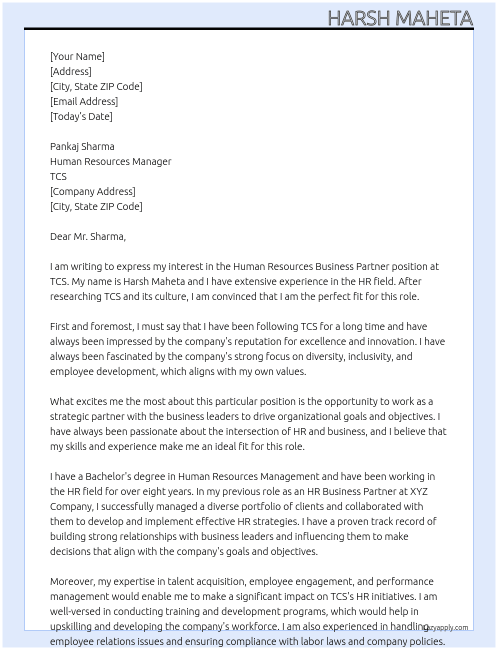 Human resources business partner At TCS Cover Letter