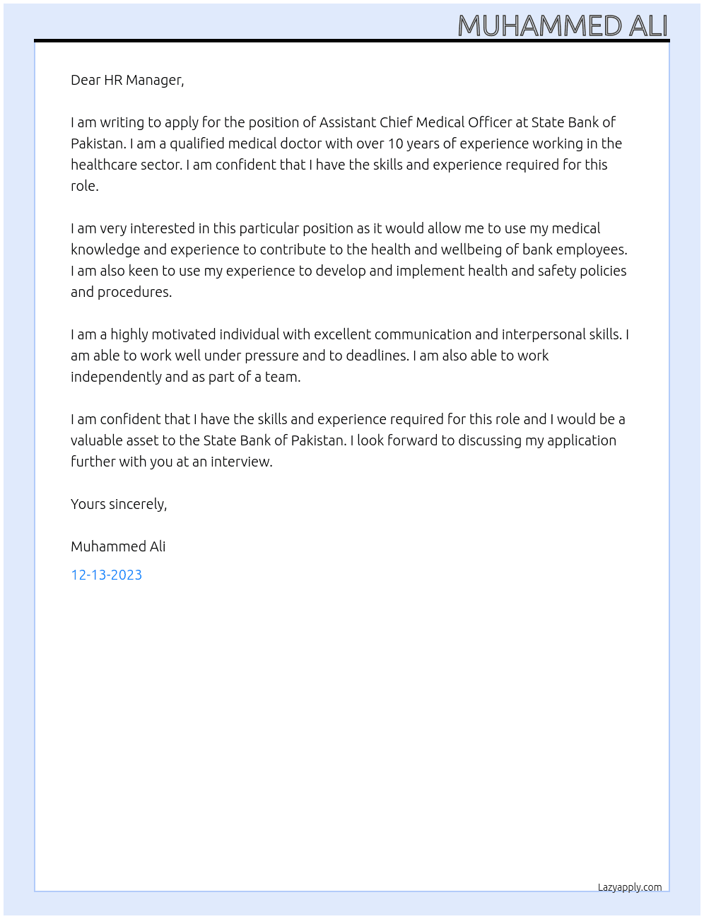 Assistant Chief Medical Officer At State Bank Of Pakistan Cover Letter