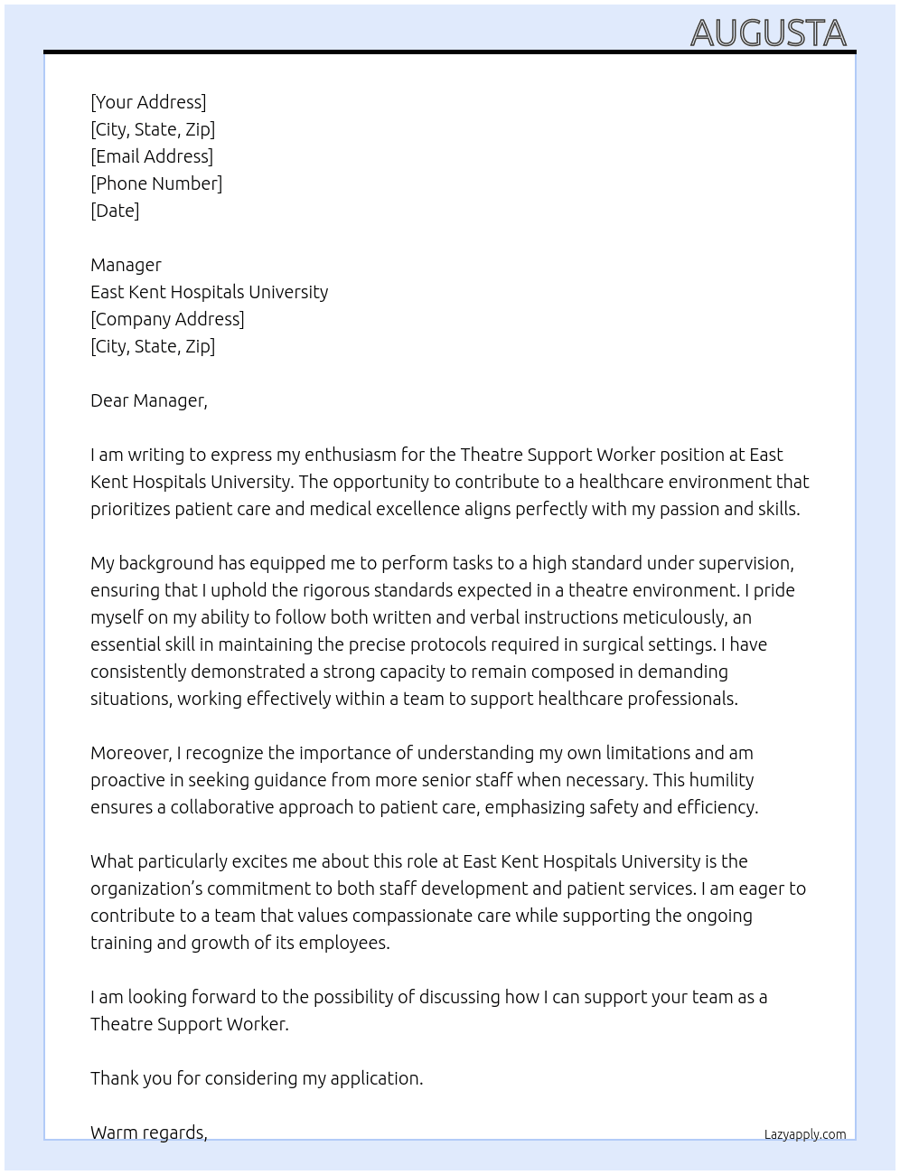 Theatre support worker At East Kent Hospitals University  Cover Letter
