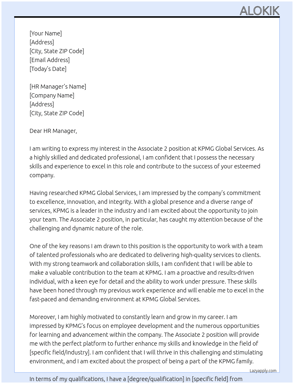 Associate 2 At KPMG GLOBAL SERVICES Cover Letter