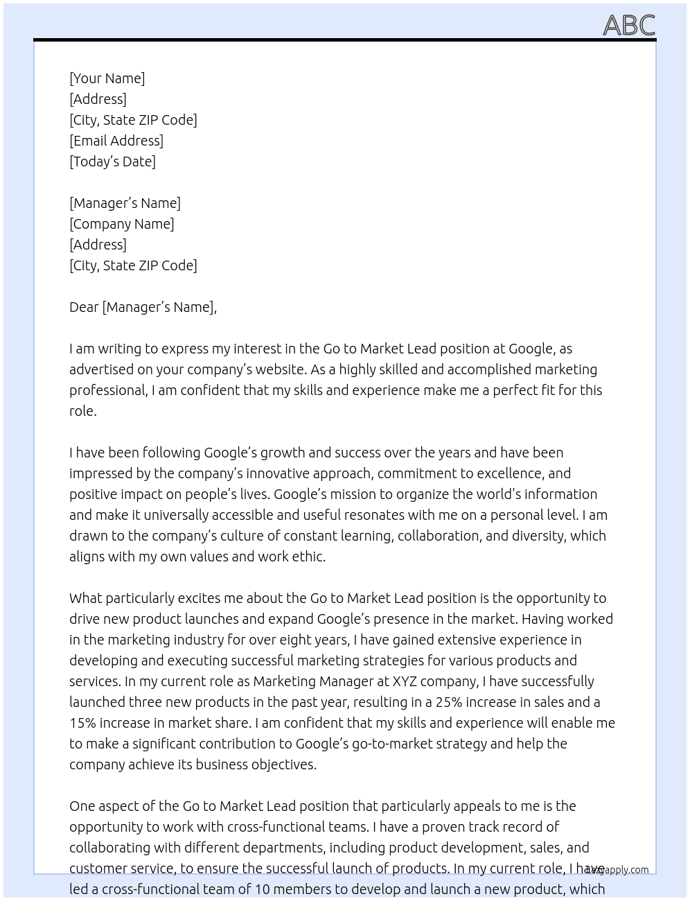 Cover letter for go to market lead - LazyApply
