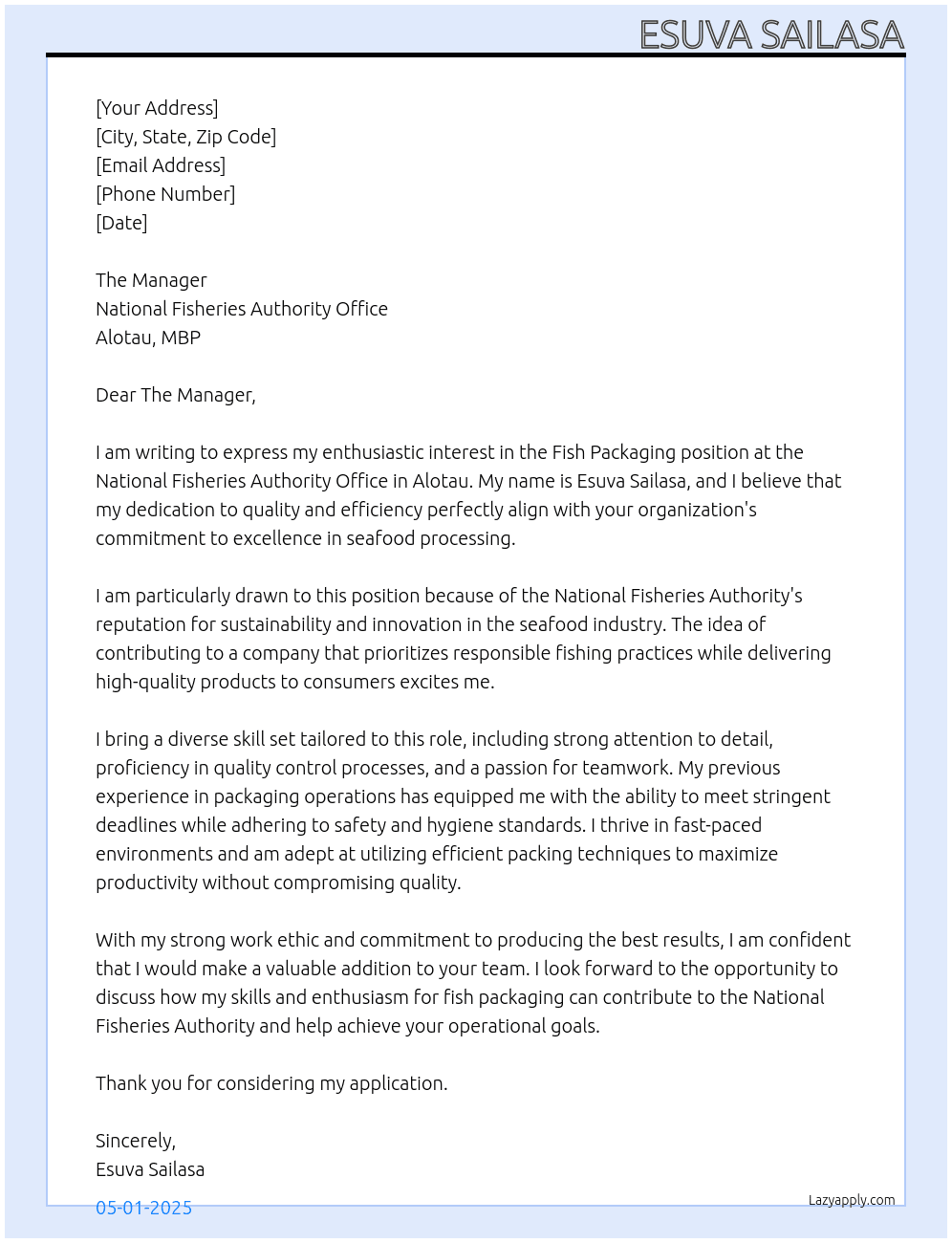 Cover letter for fish packaging - LazyApply