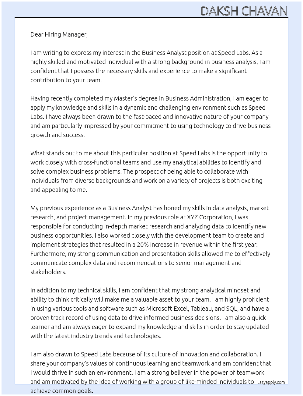 Business Analyst At Speed Labs Cover Letter