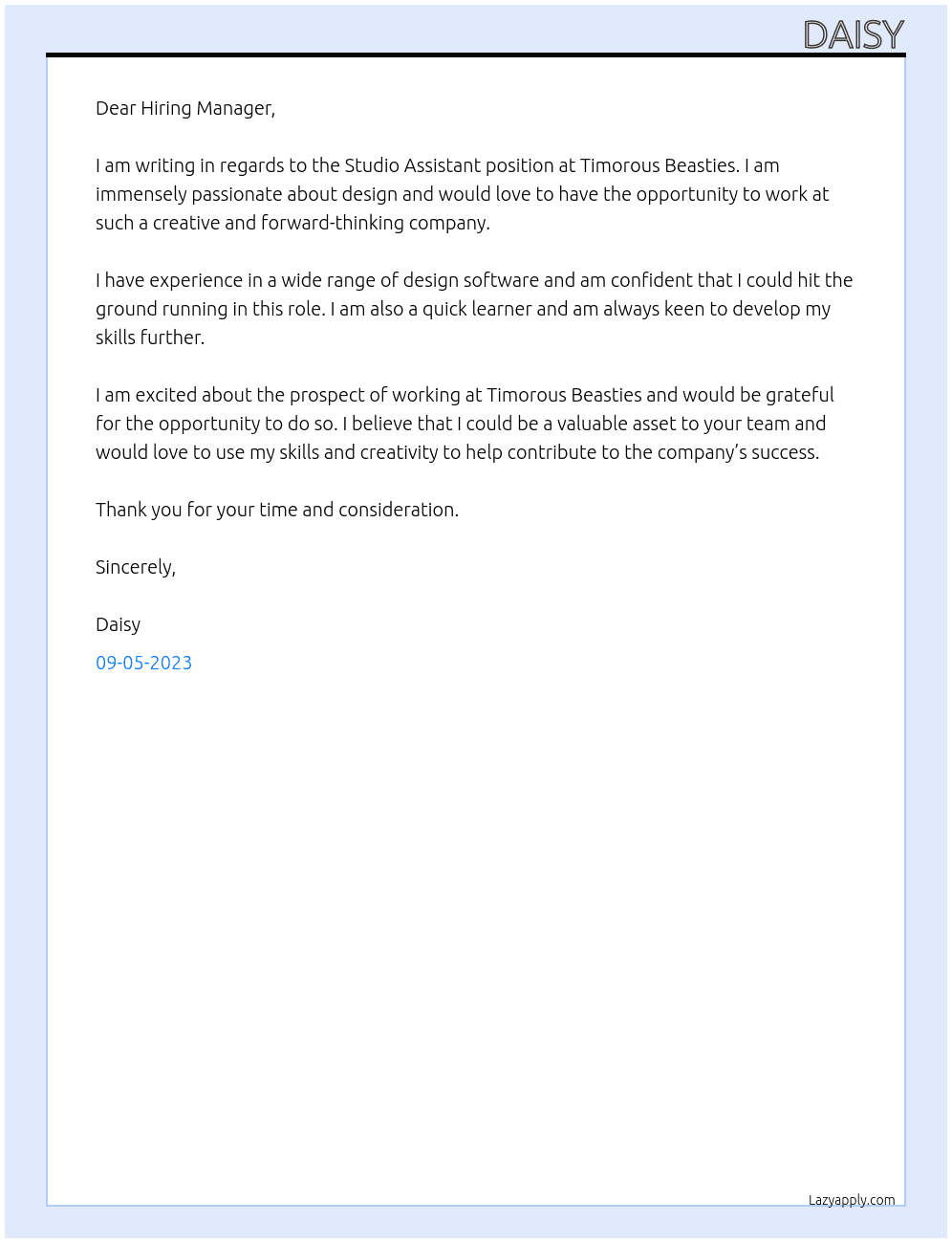 Studio Assistant At Timorous Beasties Cover Letter