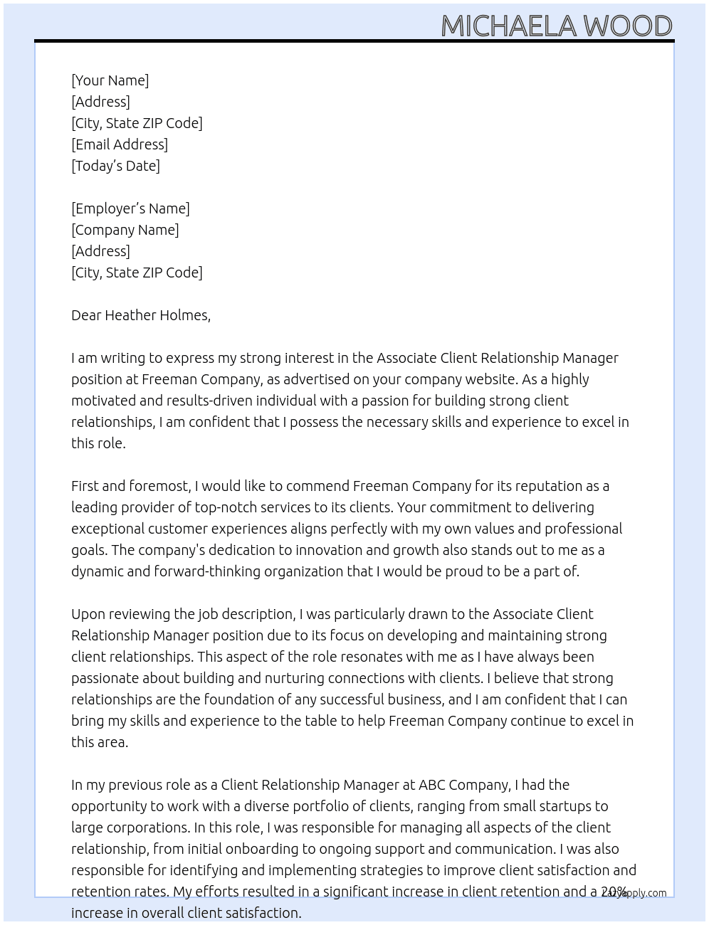 Associate Client Relationship Manager At Freeman Company Cover Letter