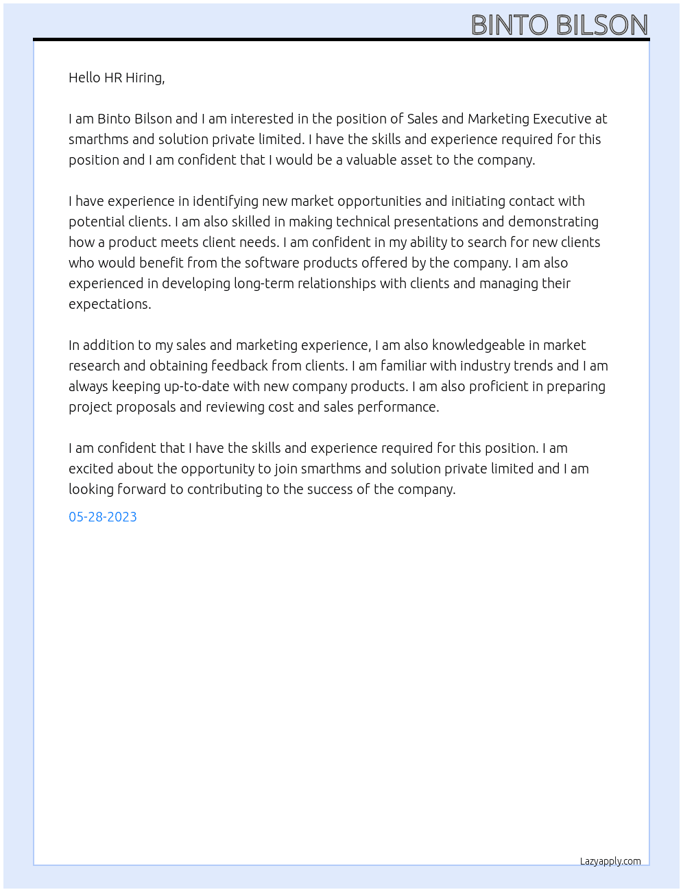 SALES AND MARKETING EXECUTIVE At smarthms and solution private limited Cover Letter