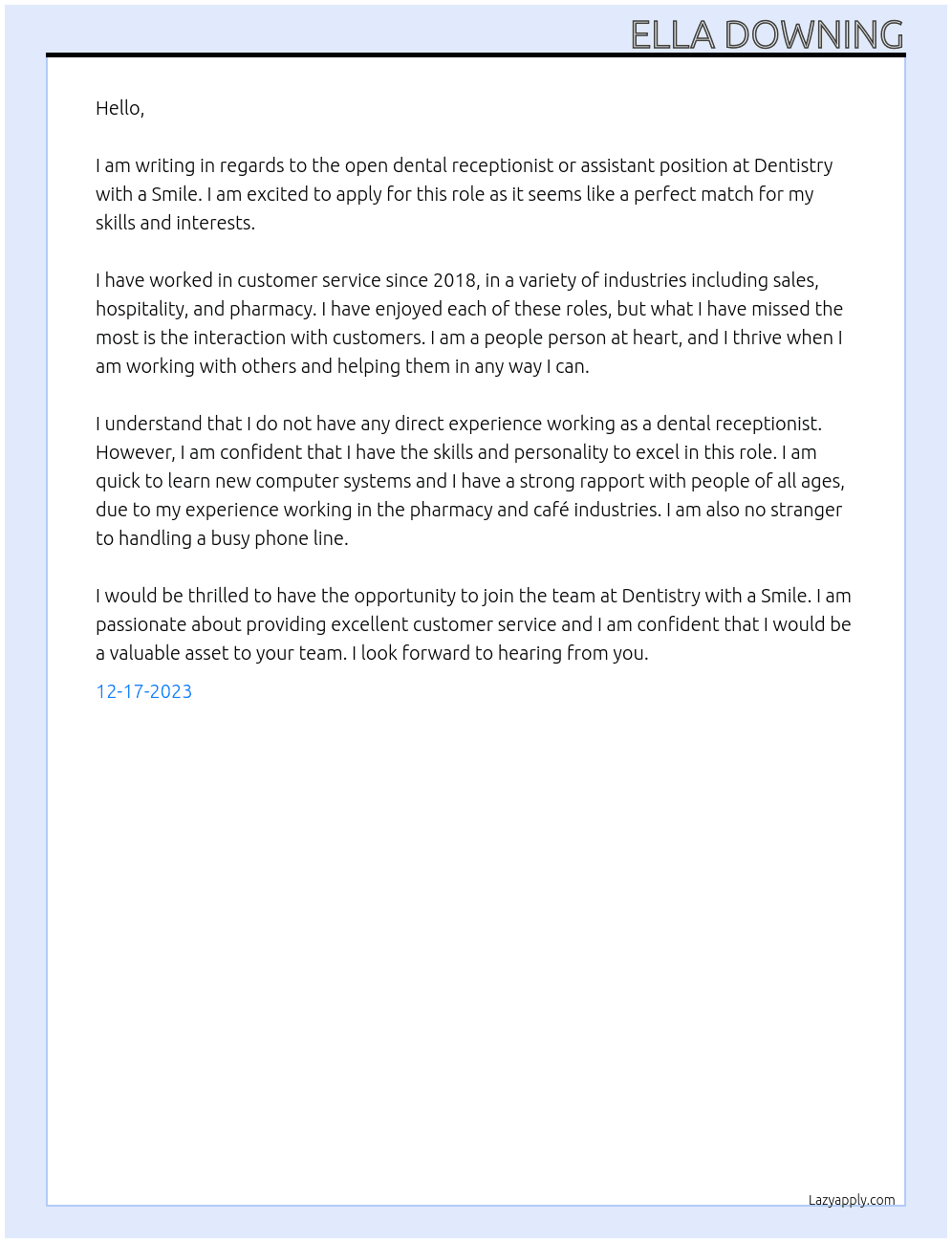 Dental receptionist or assistant  At Dentistry with a smile Cover Letter