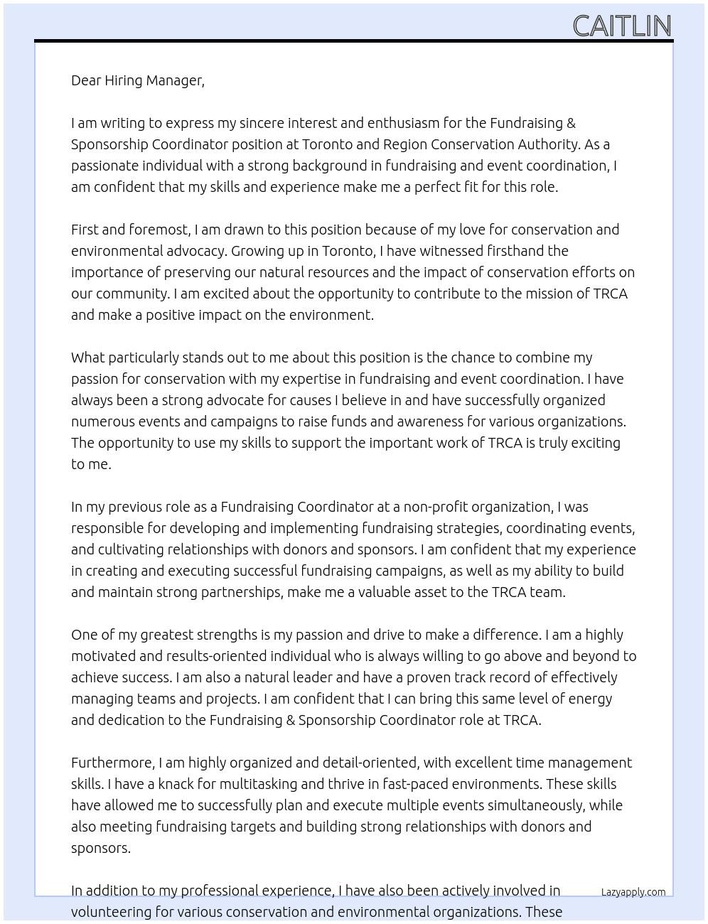 Fundraising & Sponsorship Coordinator At Toronto and Region Conservation Authority  Cover Letter