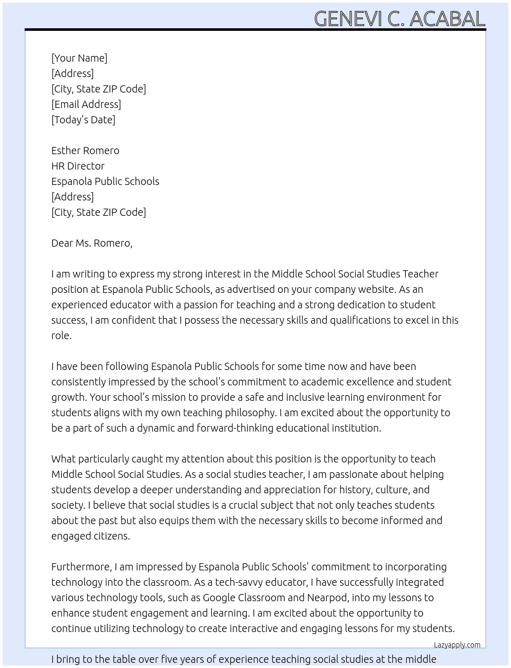 Middle School Social Studies Teacher At Espanola Public Schools Cover Letter