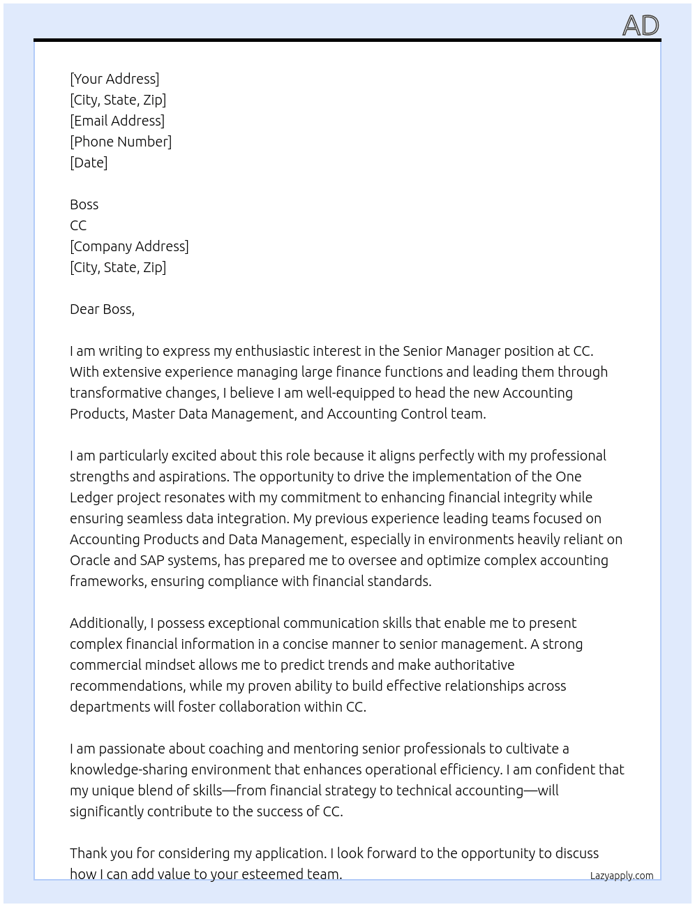 Senior Manager At cc Cover Letter