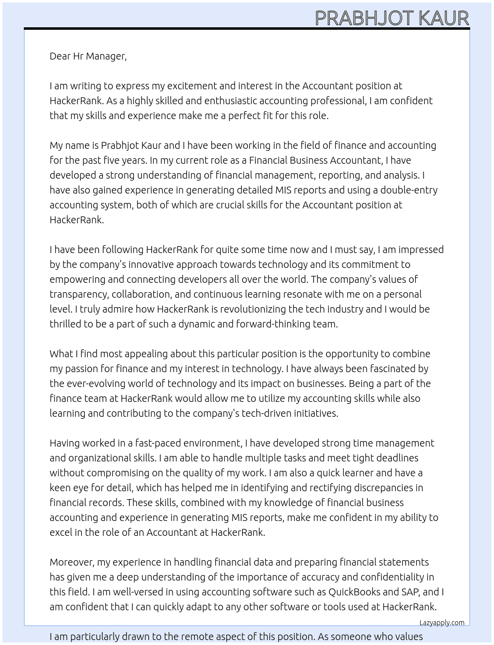Accountant At HackerRank Cover Letter