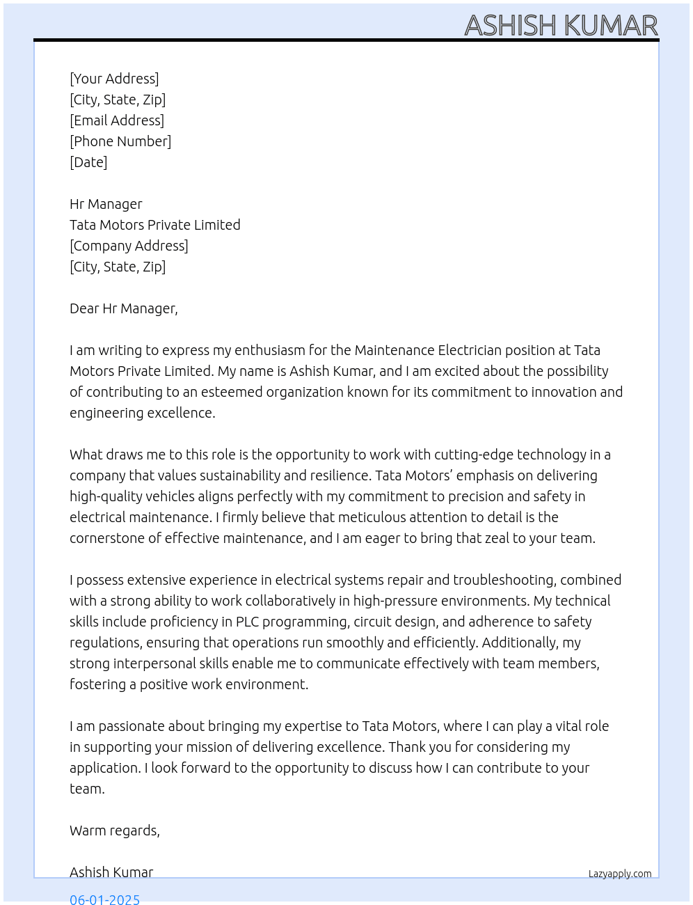 Maintenance electrician At Tata motors private limited Cover Letter