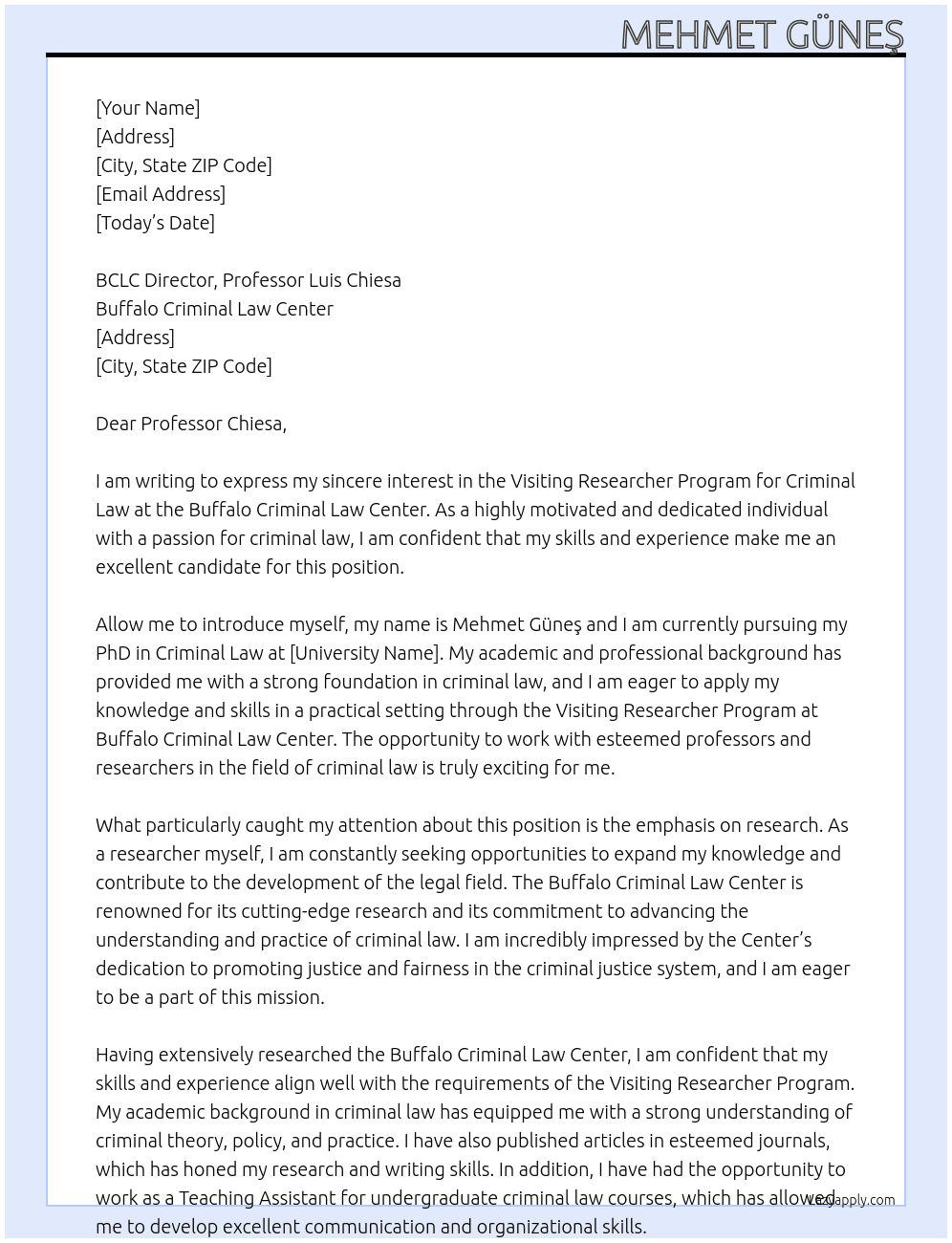 Visiting Researcher Program, criminal law At Buffalo Criminal Law Center Cover Letter