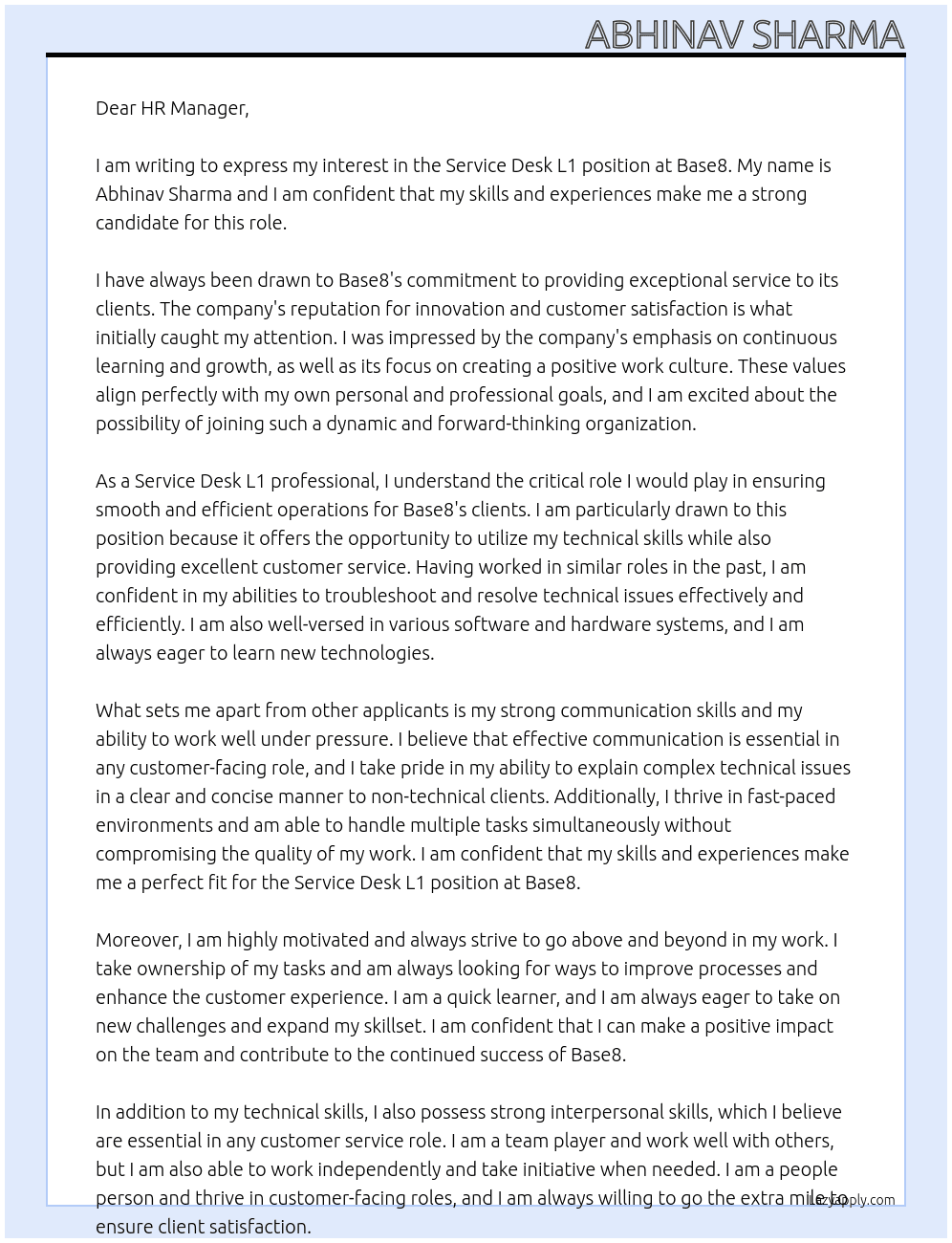 Service Desk L1 At Base8 Cover Letter