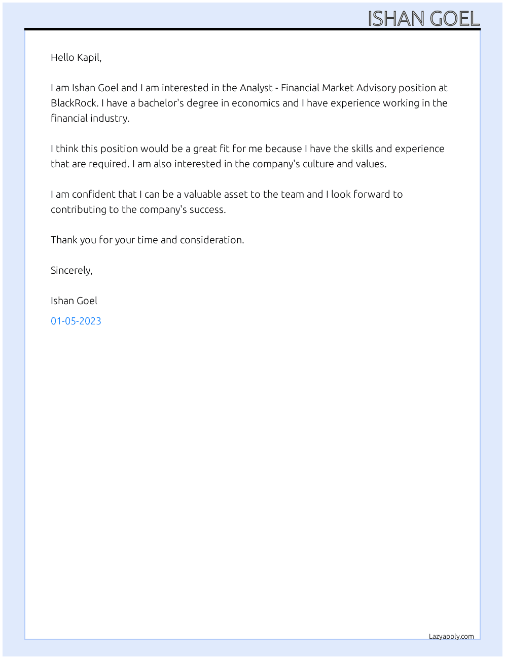 Cover letter for analyst - financial market advisory - LazyApply