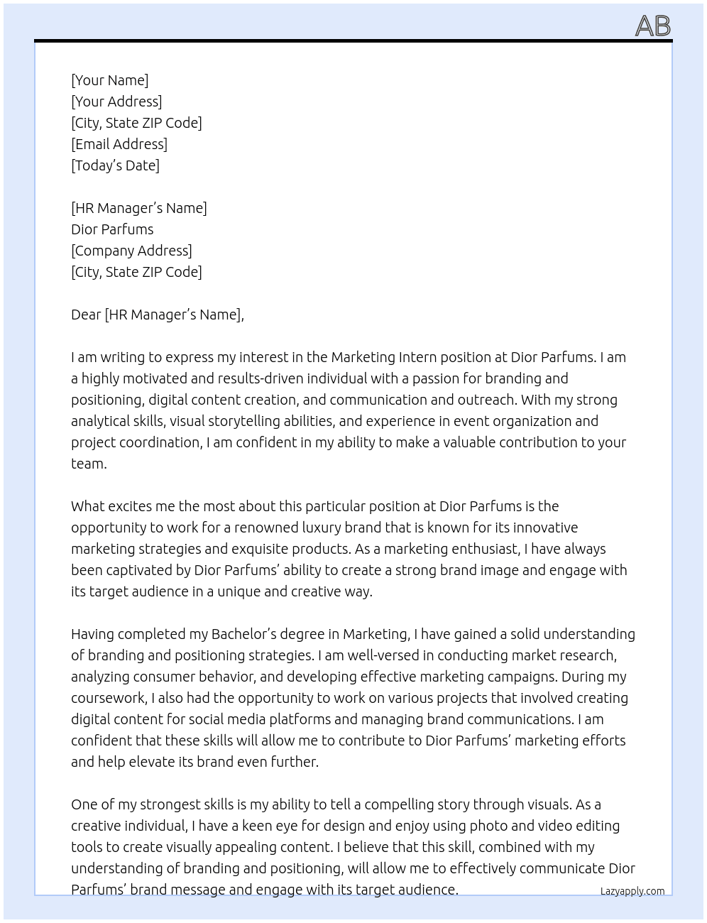 Marketing intern At Dior Parfums Cover Letter
