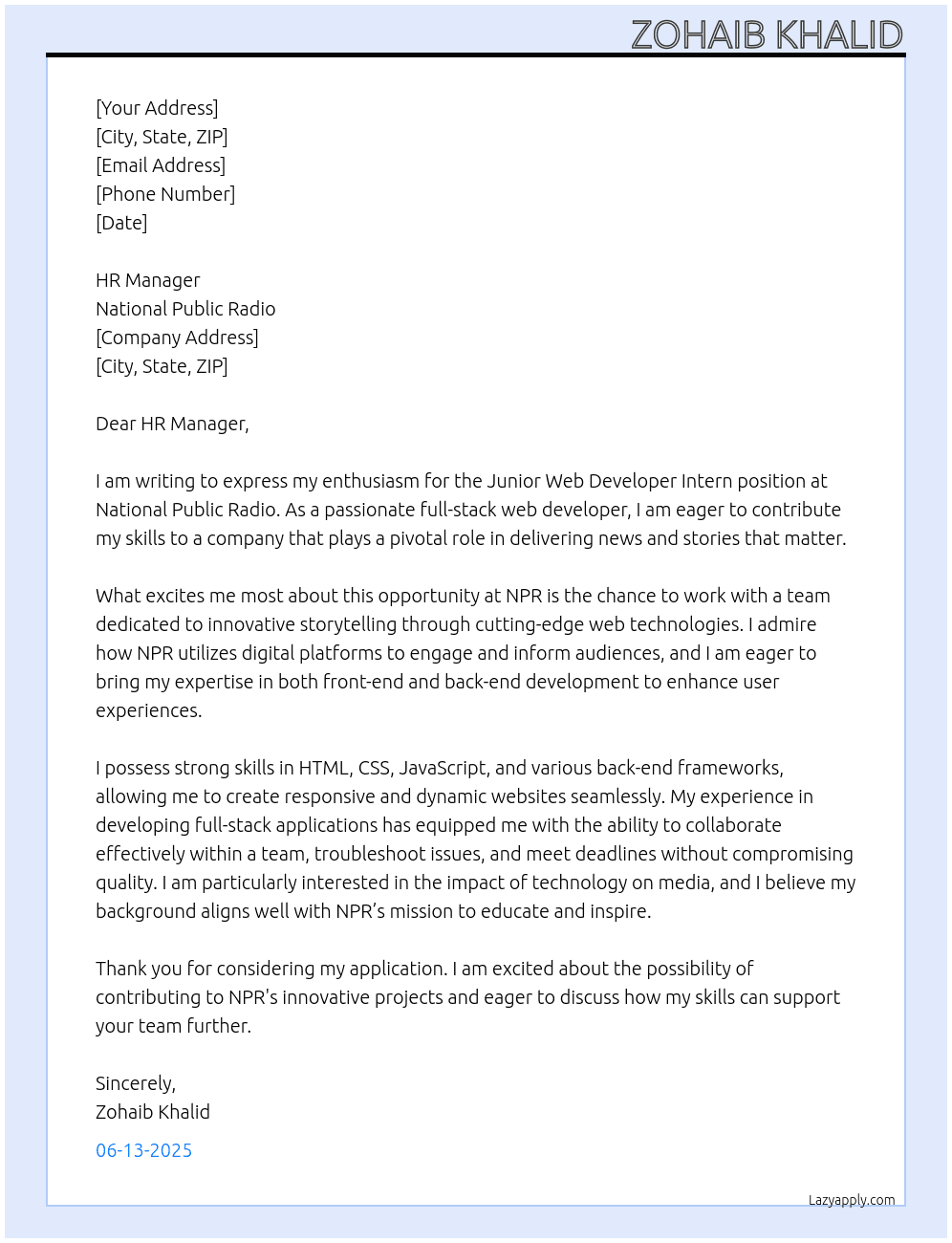 Cover letter for junior web developer intern - LazyApply
