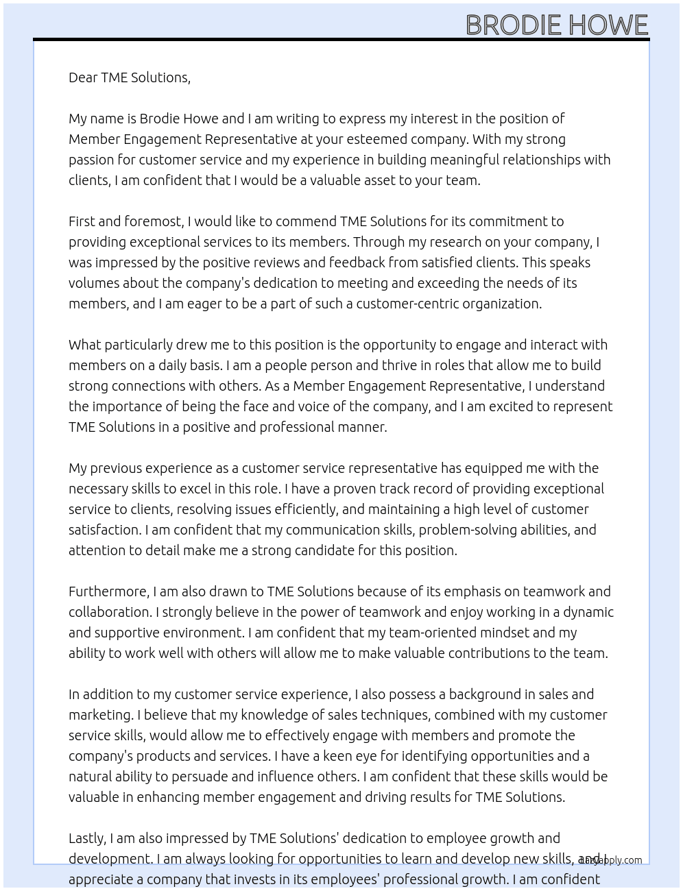 Member Engagement Representative At TME Solutions Cover Letter