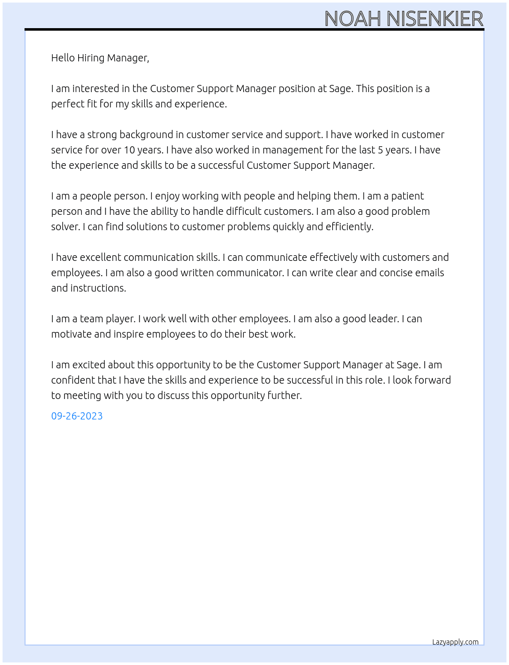 Customer Support Manager At Sage Cover Letter