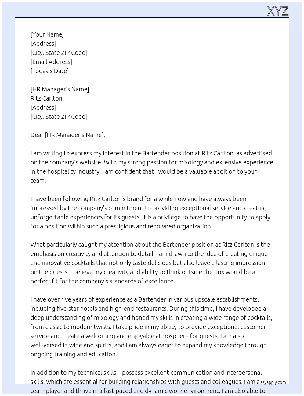 Bartender At Ritz Carlton Cover Letter