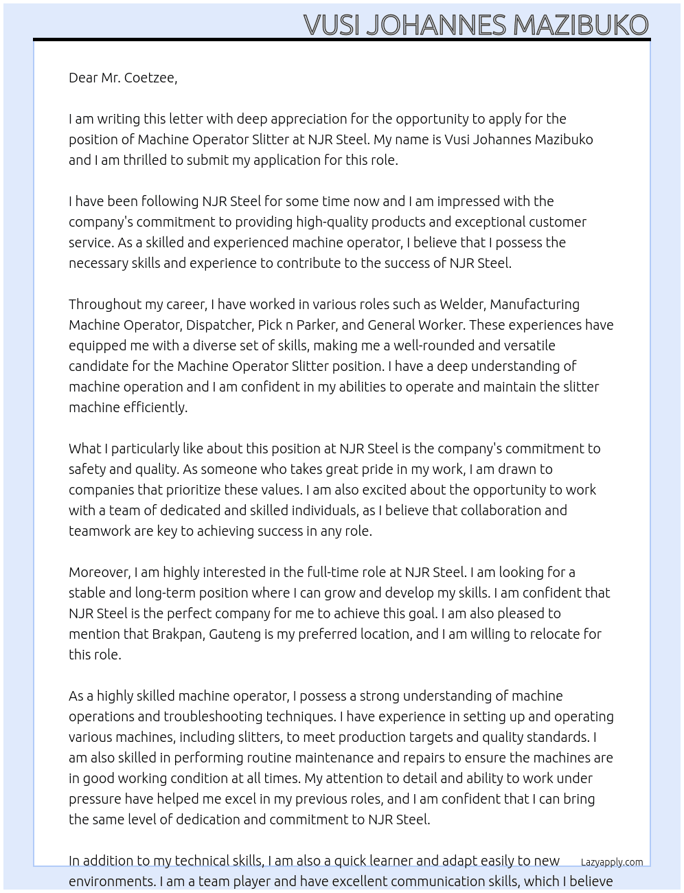 Machine operator siltter  At Njr steel Cover Letter