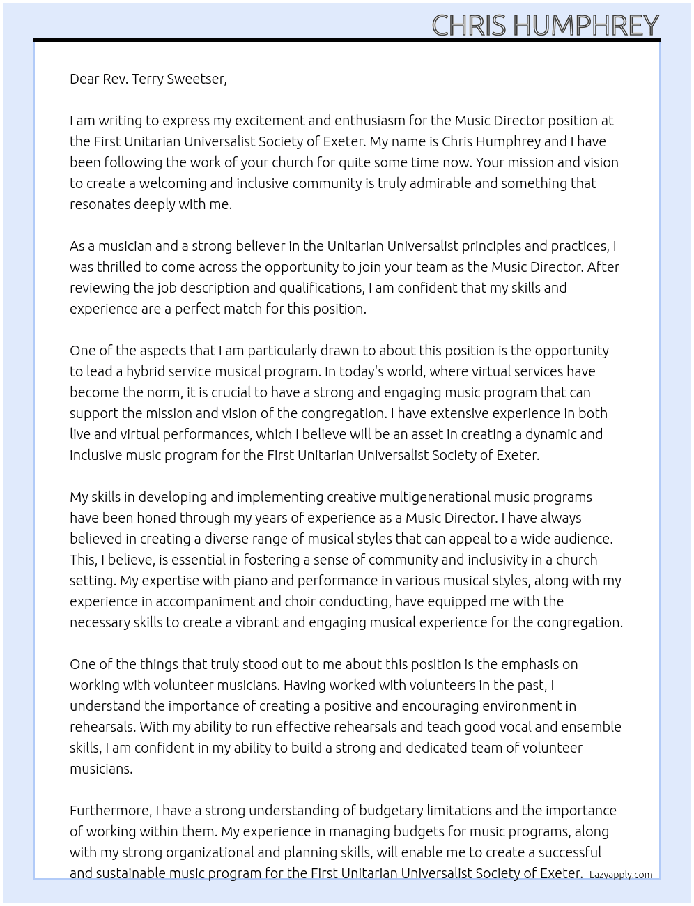 Music Director At First Unitarian Universalist Society of Exeter Cover Letter