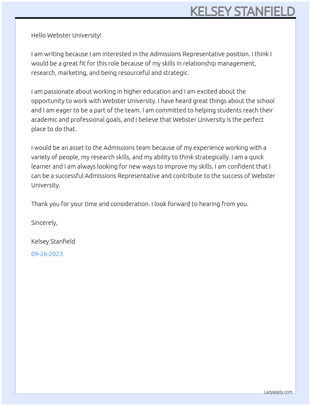 Admissions Representative  At Webster University Cover Letter