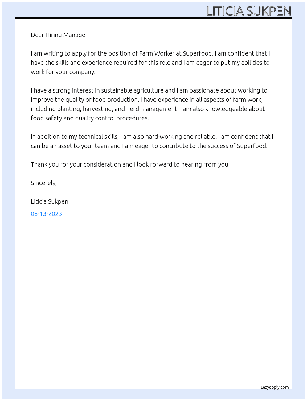 Farm worker  At Superfood  Cover Letter