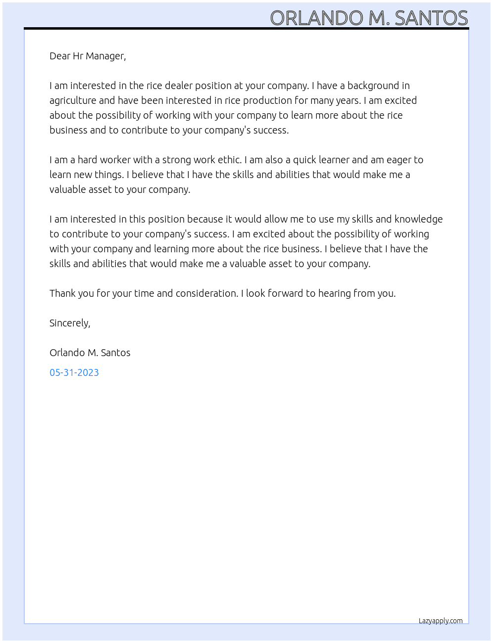 Rice dealer At Rice dealer Cover Letter