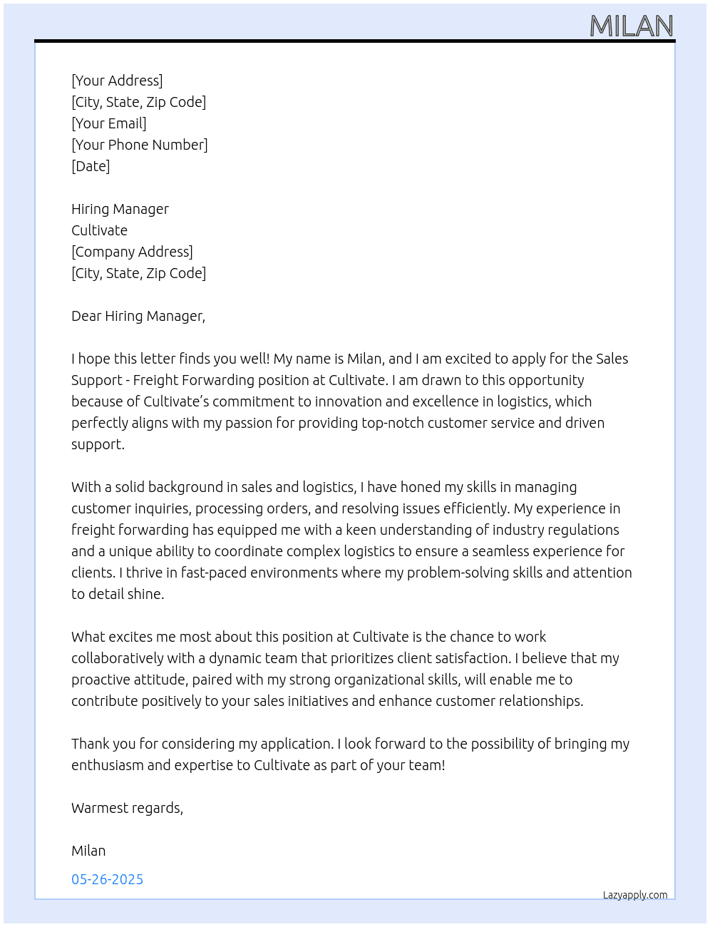 Cover letter for sale support - freight forwarding - LazyApply