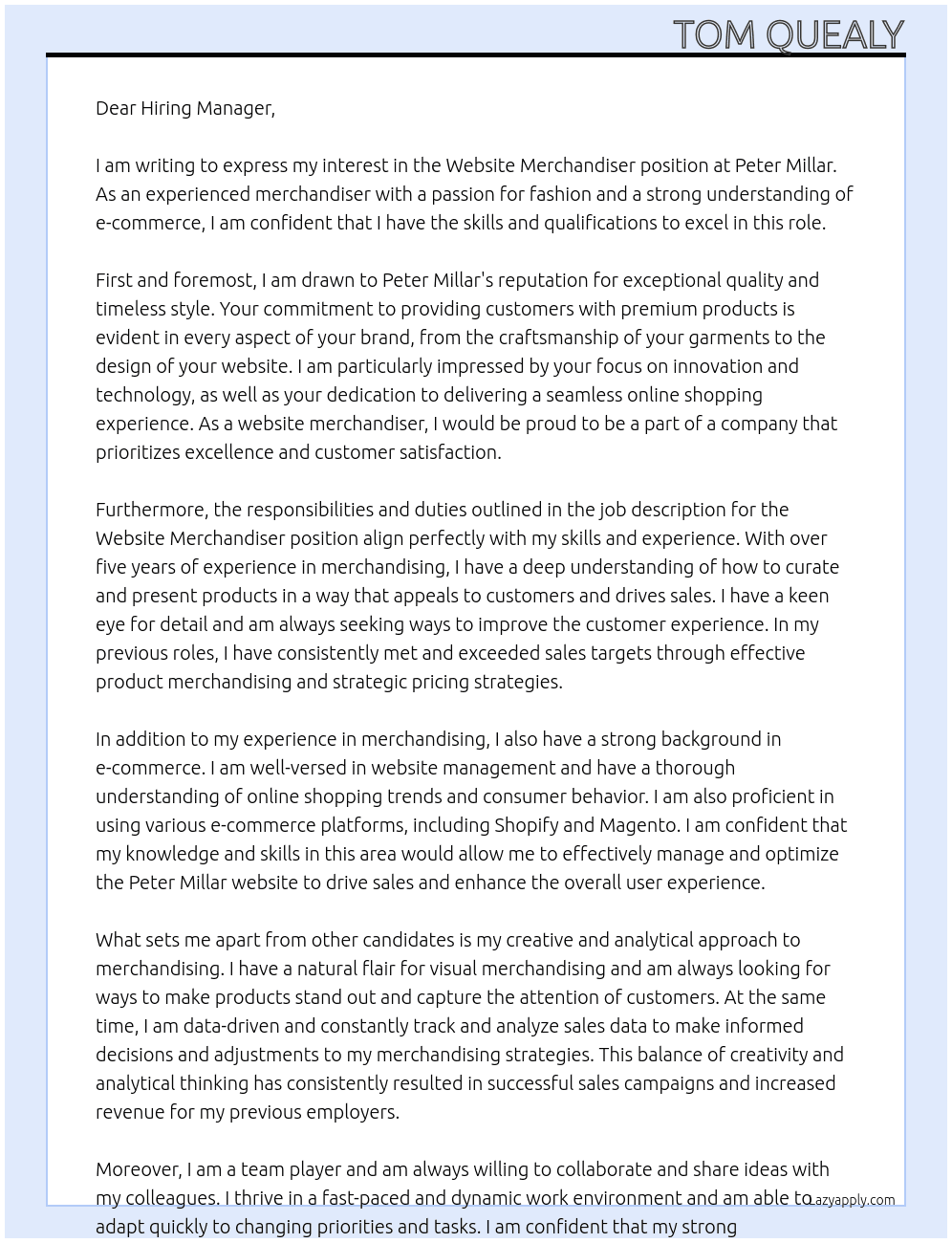 Website Merchandiser At Peter Millar Cover Letter