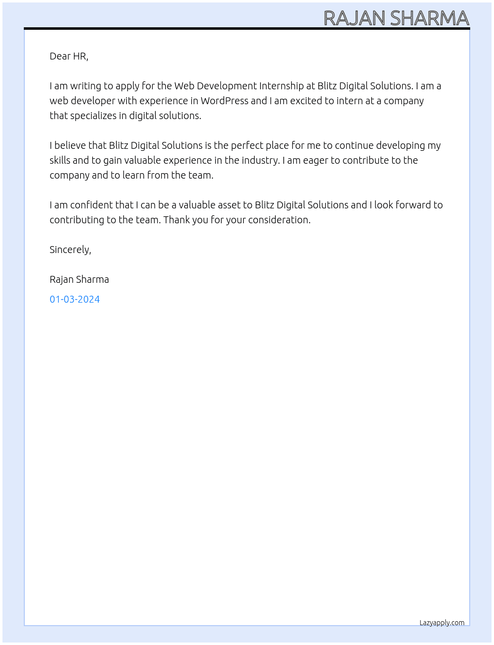 Web Development Internship At Blitz Digital Solutions  Cover Letter