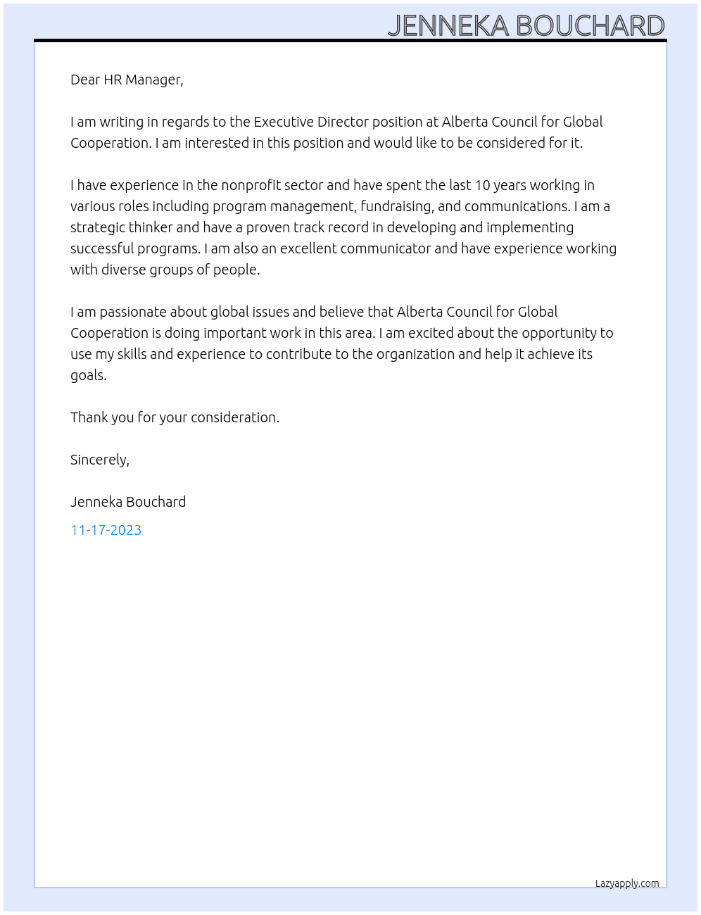 Executive Director At Alberta Council for Global Cooperation Cover Letter