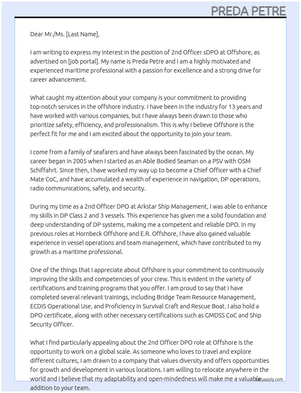 2nd Officer sDPO At Offshore Cover Letter