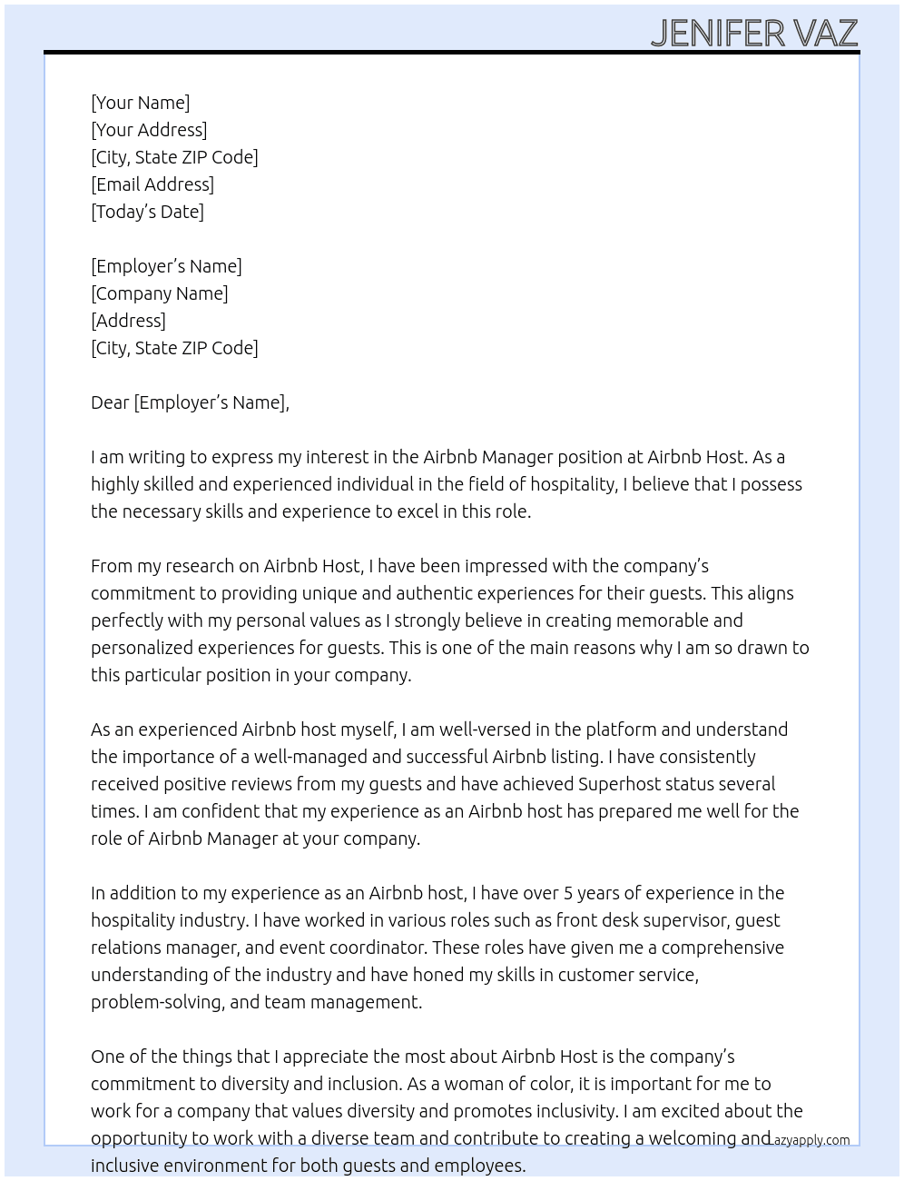 Airbnb manager At Airbnb host Cover Letter