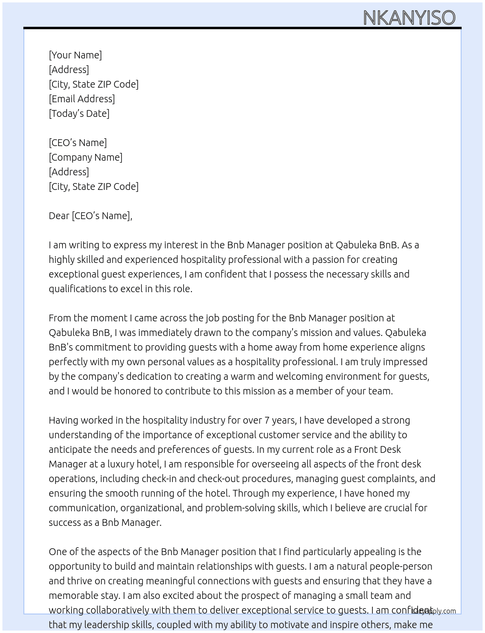 Bnb Manager  At Qabuleka BnB Cover Letter