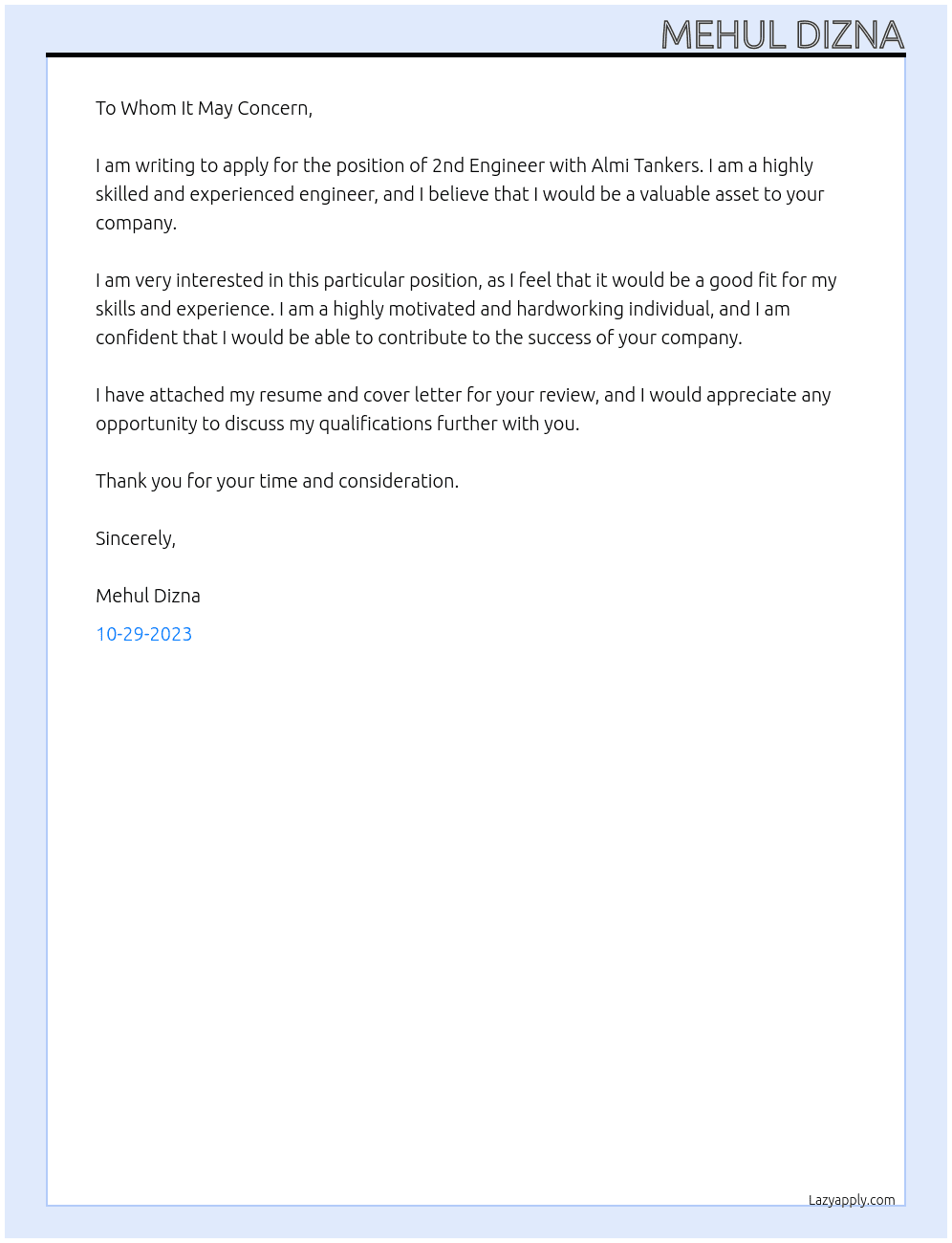 2nd Engineer At Almi Tankers Cover Letter