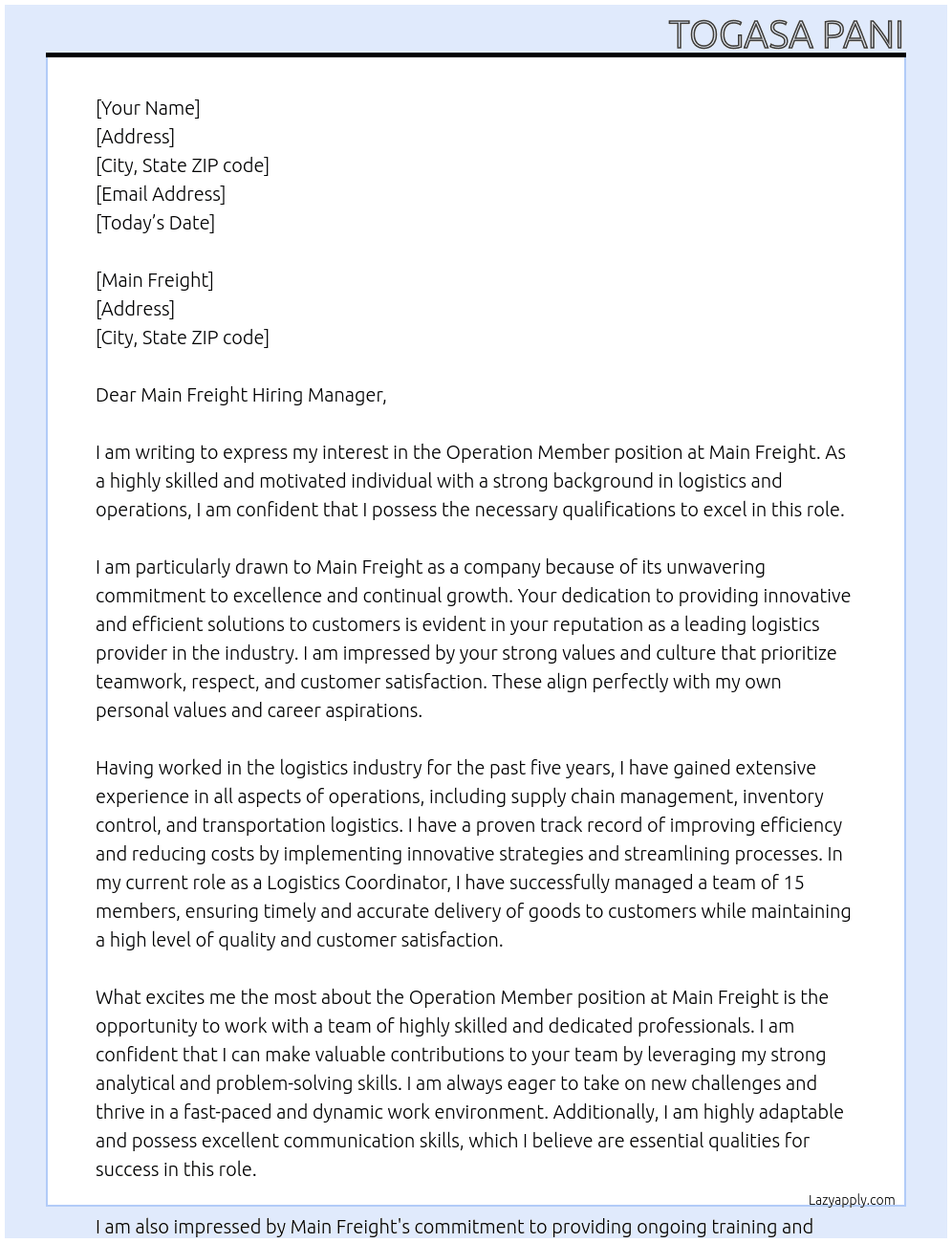 Operation member At Main Freight Cover Letter