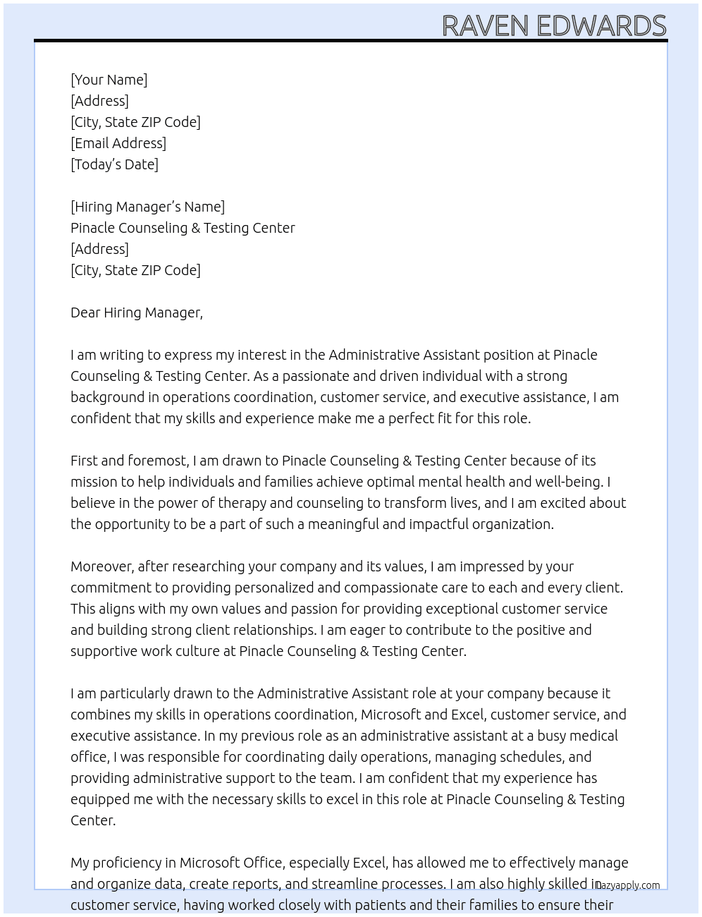 Administrative Assistant At Pinacle Counseling & Testing Center Cover Letter