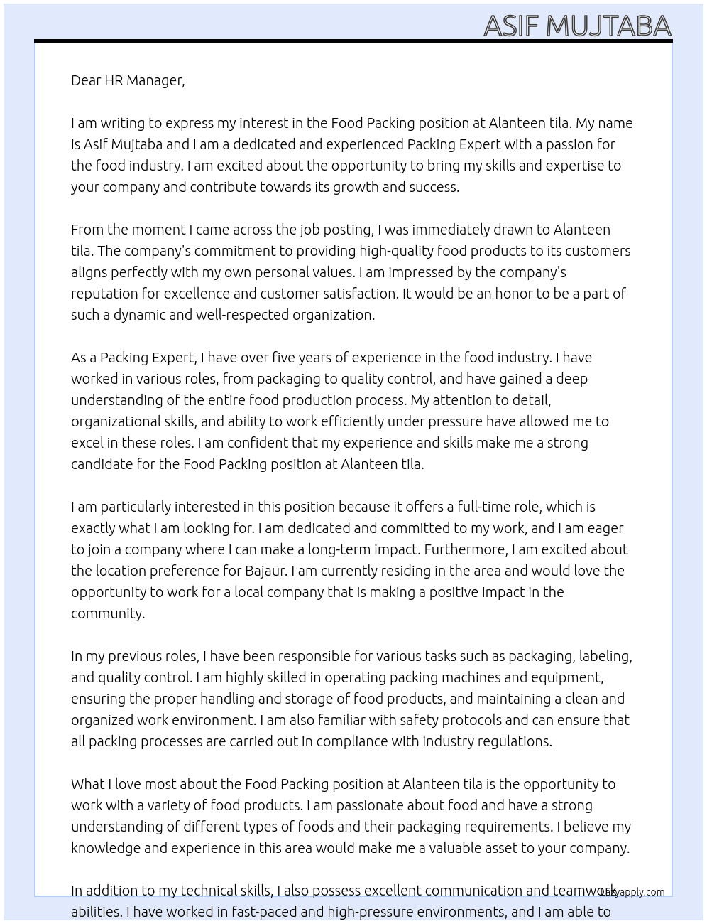 Food Packing  At Alanteen tila Cover Letter