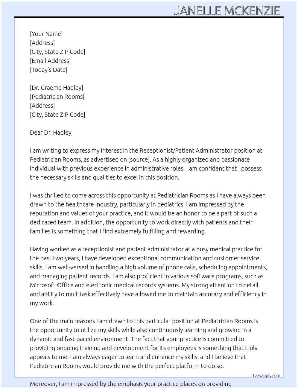 Receptionist / Patient Administrator  At Pediatrician Rooms Cover Letter