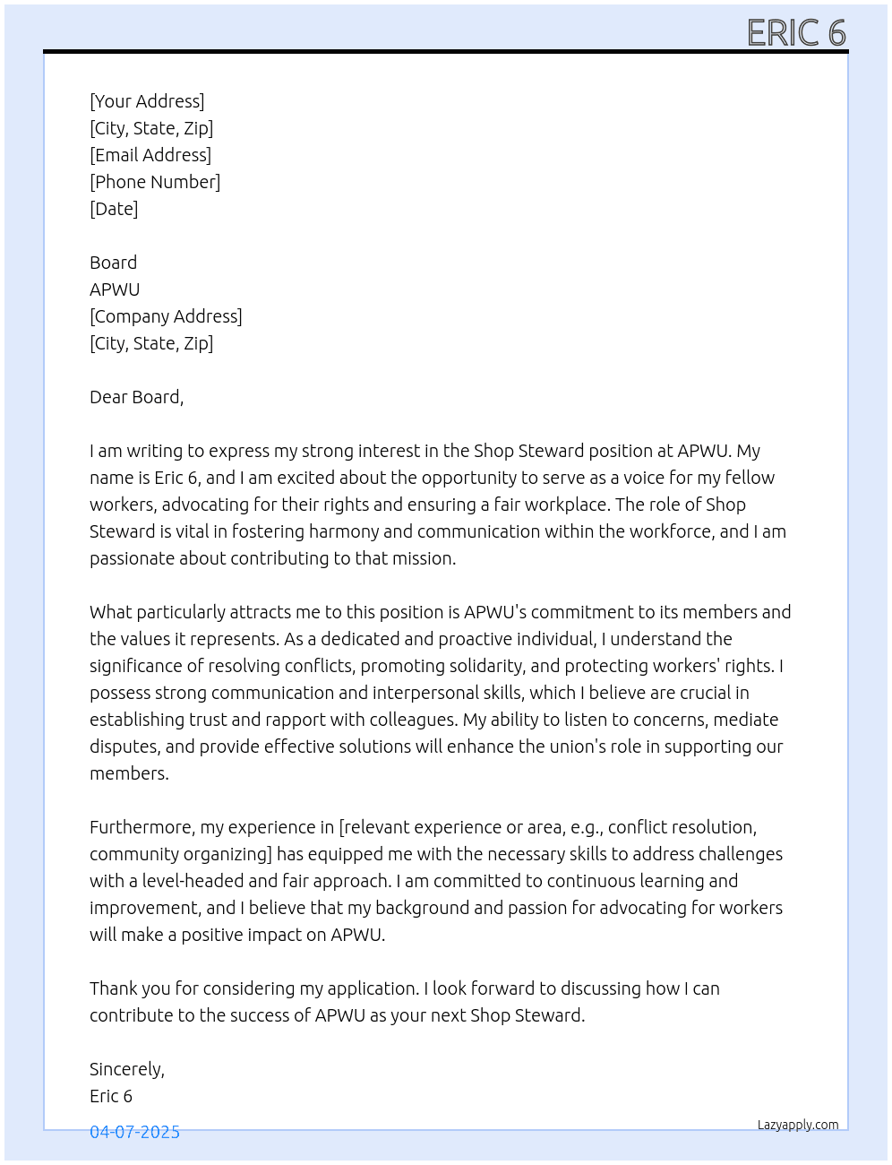Shop steward  At Apwu Cover Letter