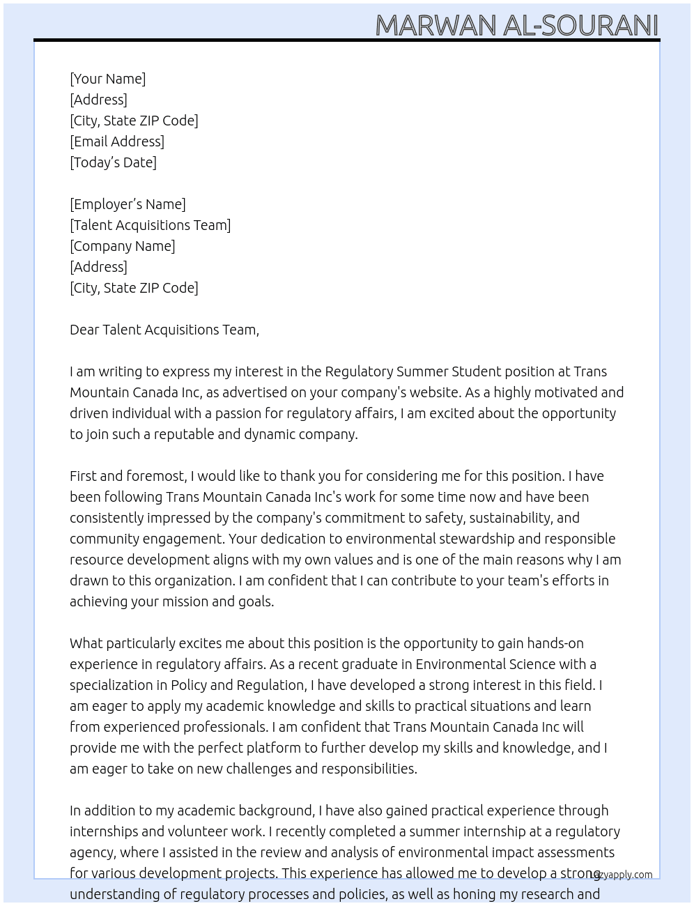 Regulatory Summer Student  At Trans Mountain Canada Inc  Cover Letter