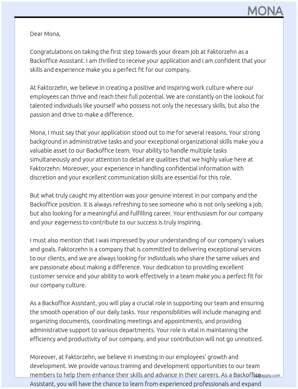 Backoffice At Faktorzehn Cover Letter