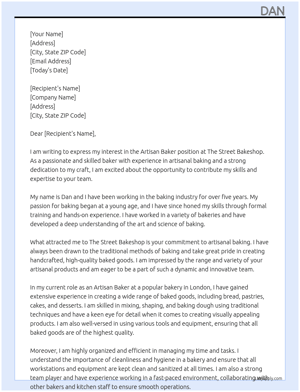 Artisan baker At The street bakeshop Cover Letter