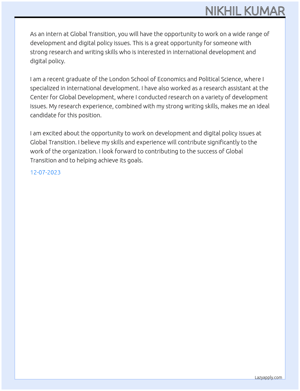Intern, Development and Digital Policy At Global Transition Cover Letter